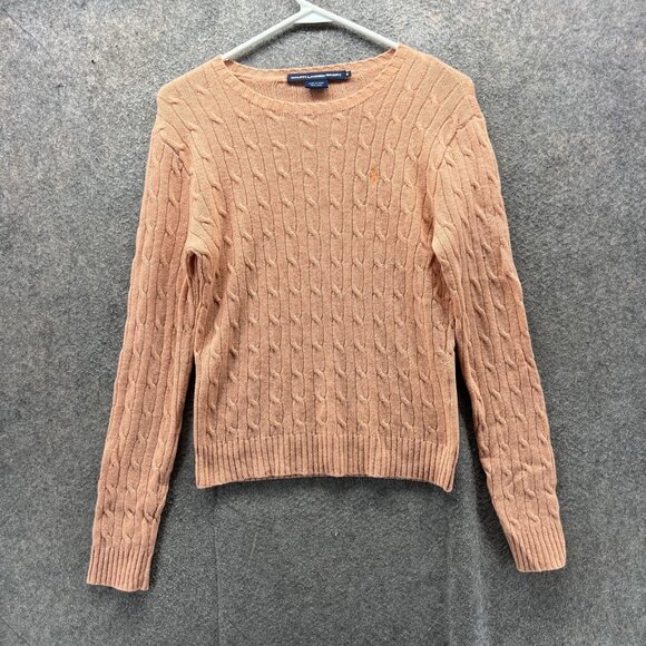 Ralph Lauren Sport Sweater Womens Medium Peach Cable Knit 100% Wool Pullover - Picture 1 of 10